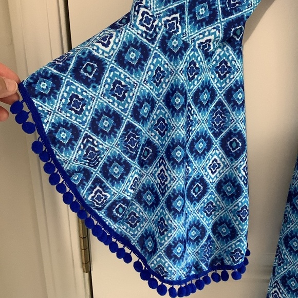 Coastal Mini Pom Pom Dress with Bell Sleeves Blue Sz M - Picture 2 of 6